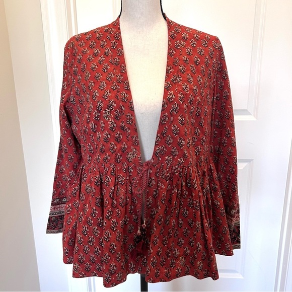 Anokhi Tops - Anohki Red Peplum Tie Front Cotton Blouse with Tassels SZ M